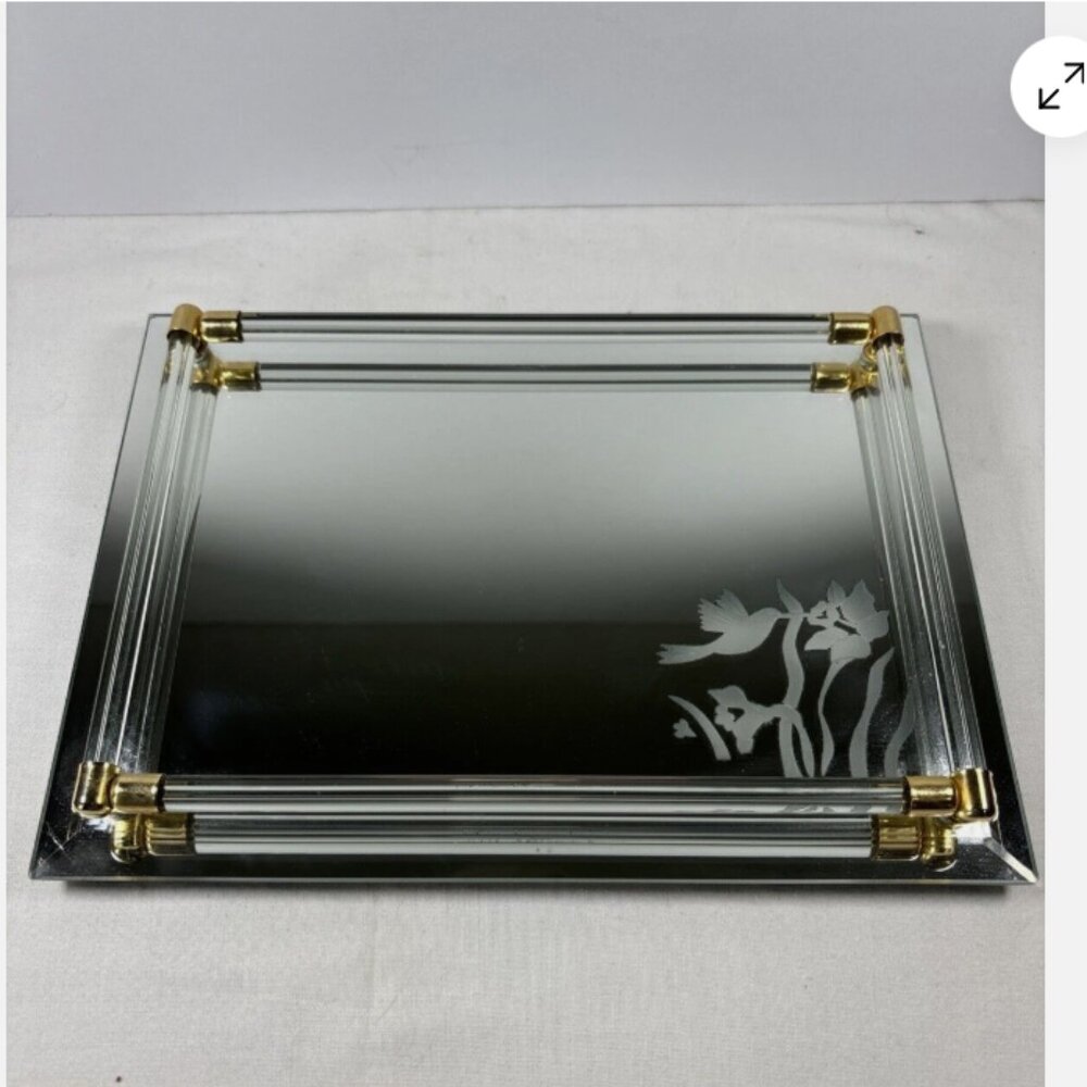 Vintage Beveled Mirrored Vanity Tray Mirror Lucite Rails Hummingbirds Flowers